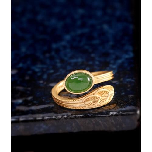 S925 Sterling Silver Jasper Feather Ring Natural Hetian Jade Green Jade Jasper Leaf Ring Palace Style Retro Personalized Ornamen