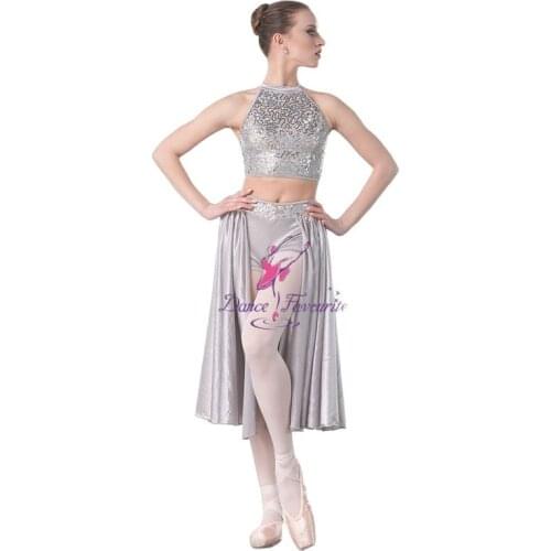 Dance Favourite Grey Sequin Lace Bodice Lyrical Dance Dress with Satin Skirt Ballet Dance Costumes Dress Dancewear