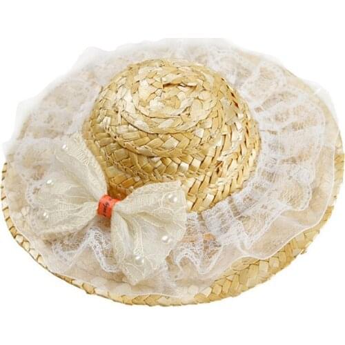 Beautiful Big Bow Pet Sunshade Hat Cute Fashion Lace Cat Dog Woven Straw Hat Summer Pets Gather Costume Accessories
