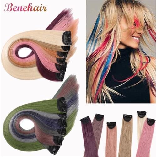 Benehair 24inch Colored Long Straight Synthetic Chip In Hair Extensions Highlight Rainbow Hair Clips Grey Blue Purple Hairpieces