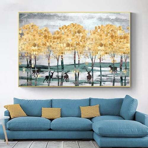 Nordic Abstract Tree Canvas Painting Golden Forest Oil Painting Art Posters And Prints Living Room Wall Pictures for Home Design