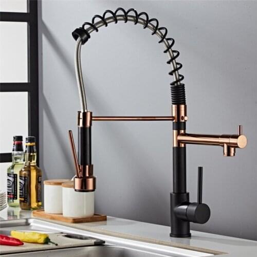 Black and Rose Golden Spring Pull Down Kitchen Sink Faucet Hot & Cold Water Mixer Crane Tap with Dual Spout Deck Mounted CL-194