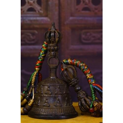 7" Tibet Buddhism Old bronze Old rattle Vajra set Bells Statue of Sakyamuni Pendant Amulet Town House Exorcism