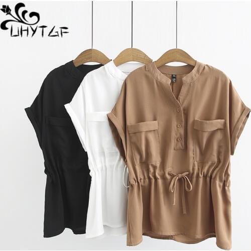 UHYTGF Oversized womens tops Fashion V-neck pullover summer blouse Female Lace-up casual white shirt for women camisa mujer 1447