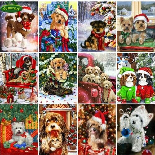 Yumeart Diamond Embroidery Christmas Dog Animal Full Drill Diamond Painting Set Winter Animal DIY Mosaic Kits Decor For Home