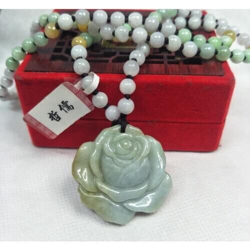 Zhe Ru Jewelry Pure Natural Jadeite Light Green Bicolor Peony Pendant Tricolor Jade Pearl Necklace Send Class A Certificate