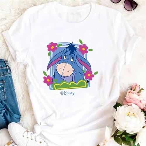 2021 Fashion New Women T Shirts Winnie The Pooh Eeyore Printed Girls Tshirts Harajuku White Round Neck Basic Tee Tops Streetwear