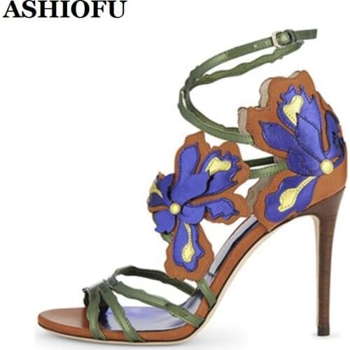 ASHIOFU Handmade Classic Ladies High Heel Sandals Flower Party Prom Summer Shoes Sexy Evening Womens Stilettos Fashion Sandals