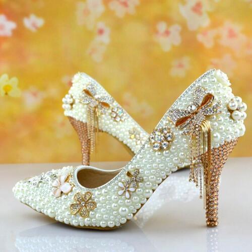 Women Pumps 8cm Heels Gold Silver Heel Pearls Applique Metal Butterfly Bow Tassel Pointed Toe Girls Evening Date Shoes
