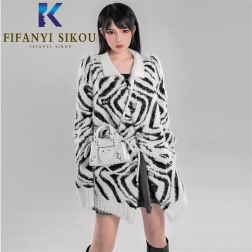 Zebra Print Fashion Mohair Knitted Sweater Jacket Women Cardigan Coat Autumn Winter Thick Warm Knit Coat Female Loose Sweaters