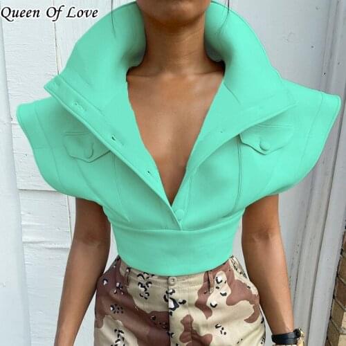 2021 New Autumn Fashion Steetwear Padded Crop Top Women Sleeveless Turn-Down Collar Single Breasted Vest Coat Outfit