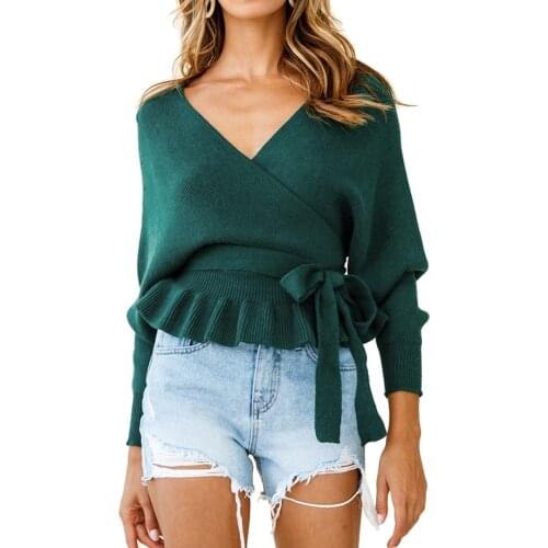 Autumn Winter Thickening Knitted Sweater Bow Women Casual V Collar Loose Knitted Pullovers Female Green Black Yellow Grey Jumper