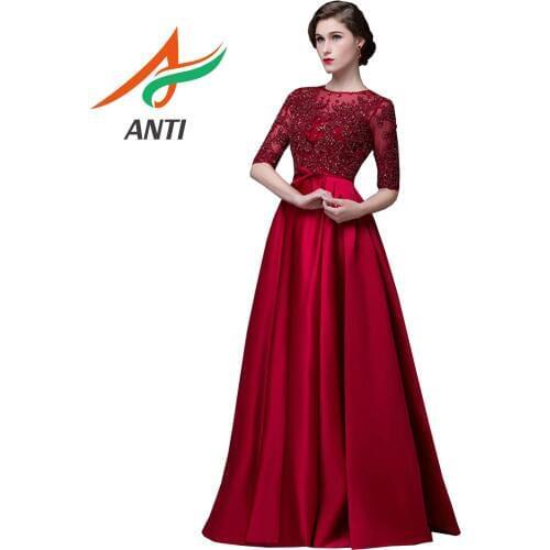 ANTI A Line Red Evening Dress Long 2019 Formal Party Gowns Women Elegant Half Sleeve Vintage Beads Satin Robe De Soiree Hot Sale