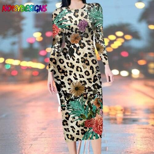 NOISYDESIGNS Leopard Flower Floral Printing Lady Street Interesting Fashion Trend Wild Slim Long Sleeve Long Pencil Dress Women