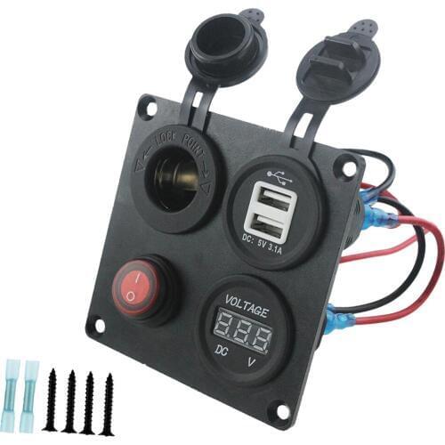 4 Hole Panel Dual Port USB Charger Red LED Voltmeter Meter Button Switch 12V-24V Power Outlet