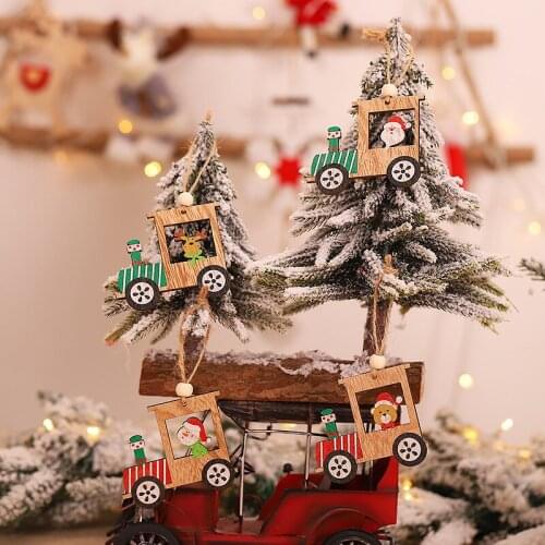 4pcs/set DIY Christmas Train Wooden Pendants Tree Hanging Ornaments Wood Crafts Kids Gift Christmas Tree Decor Happy New Year