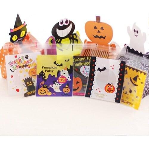 50pcs Halloween DIY Cookie Bag Pumpkin Ghost Black Cat Food Snack Packaging Carton Party Favors Gift Candy Boxes