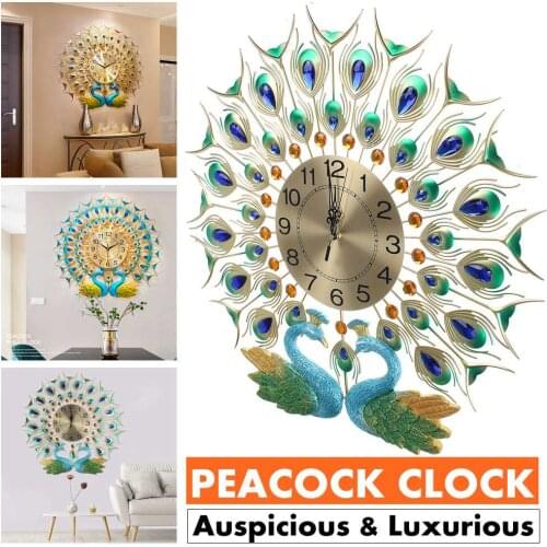 Large 3D Diamond Crystal Quartz Peacock Wall Clocks 60cm European Modern Home Living Room Decor Silent Wall Clock Fast shipping