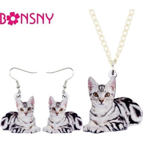 Bonsny Acrylic Sweet Cat Kitten Jewelry Sets Earrings Drop Necklace Pendant Cute Animal Charms Gift For Women Girls Pet Lovers