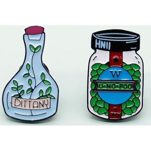 Brooch Lovely Plants "Dittany" and "u-no-poo" Herbal Bottles Enamel Enamel Badge Pin Interesting Clothing Bag Accessories