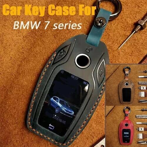 Handmade Genuine Leather Key Case Cover Keychain For BMW 7 series 730 740 750 760 G11 G12 G20 G30 Led Display Screen protect