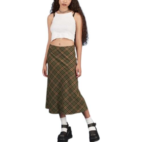 Women Casual Long Skirt, Dark Green Plaid Printed Pattern Close-fitting Dress, XS/ S/ M/ L/ XL