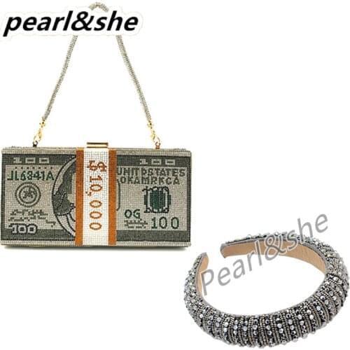 Dollar Cash Bag Rhinestone Money Shoulder bags Luxury Rhinestones Headband Baroque Crystal Thick Sponge Hair Bnad Women Party