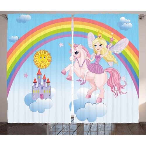Fantasy Window Curtains Unicorn In Clouds with Rainbow Pattern Living Room Decoration Curtains Bedroom Window Drapes