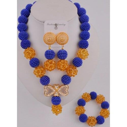 Royal Blue & Champagne Gold African Necklace Ball Beaded Costume Jewelry Bridal Set for Nigerian Wedding