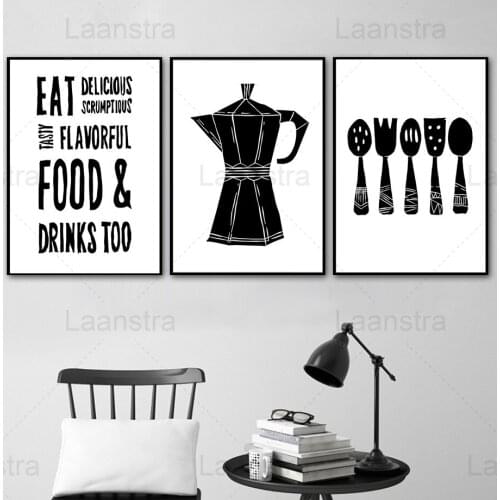 Kitchenware Black and White Home Decoration Painting Simple Text Kitchen Living Room Wall Canvas Poster Teapot Spoon Fork Print