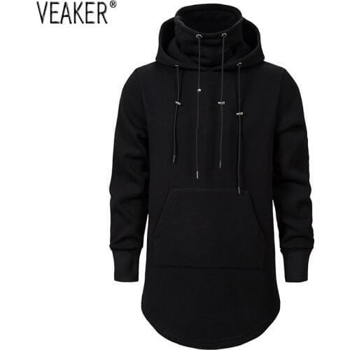 2019 New Mens Long Hoodies Cloak Male Black Hooded Turtleneck Sweatshirts Pullovers Streetwear Hip Hop Hoodies M-2XL