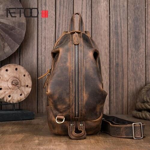AETOO Cowhide chest bag, mens casual personality messenger bag, trendy crazy horse leather retro mens bag