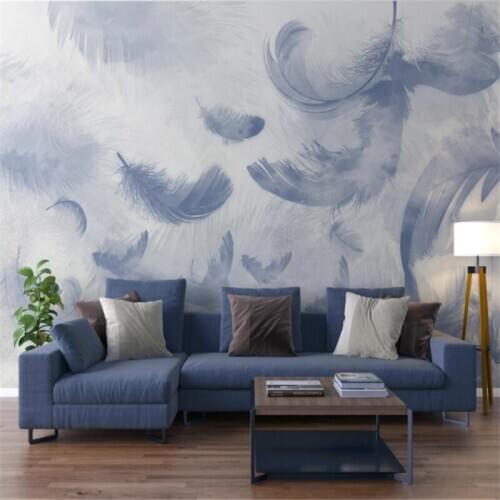 Custom Mural Wallpaper Hand Painted Blue Feather TV Background Wall Painting