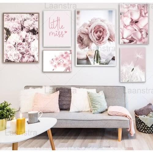 Pink Flower Home Decoration Painting Petal Plant Vase Living Room Wall Canvas Poster Flower Branch Minimalist Text Bedroom Print