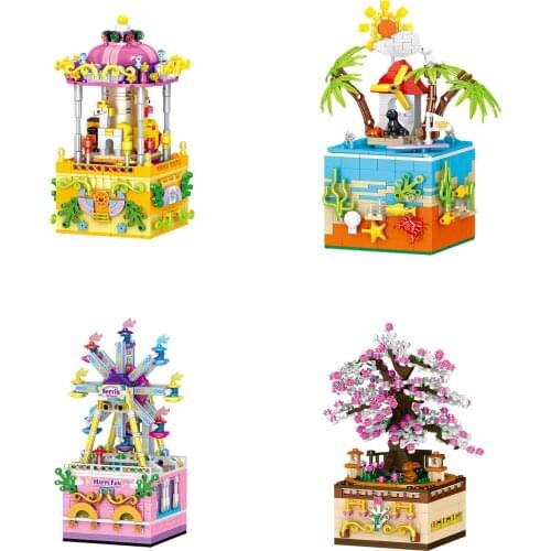 2021 New Creative Series Summer Beach DIY Music Box Model Set Building Block Assembly Toys Childrens Birthday Gifts Boys Girls
