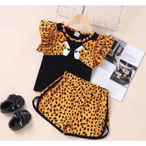 2021 Summer New Fashion Baby Clothes Toddler Girl Clothes Children Sets Cotton 2 Pcs Leopard Flying Sleeve Tops+short Pants 0-6Y