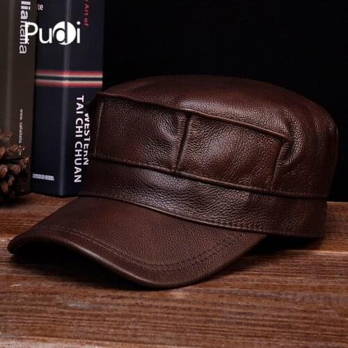 Pudi New Men Women Beret Hat Cap Geunine Leather Unisex Bucket Military Hats Caps Berets HL059