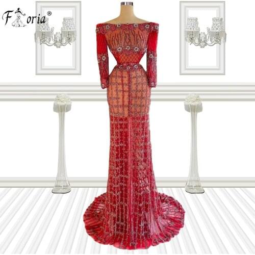 Luxury Red Full Beadings Mermaid Evening Dresses Handmade Crystals Long Sleeve Prom Gowns Muslim Wedding Party Dress Custom Made