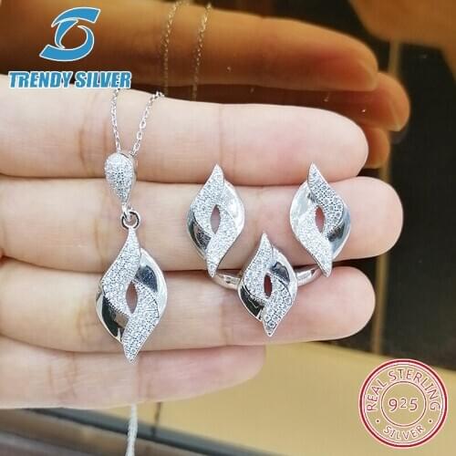 Complete pure 925 sterling silver zirconia clear CZ luxury jewelry set ring earrings for woman pendant necklace trendy design