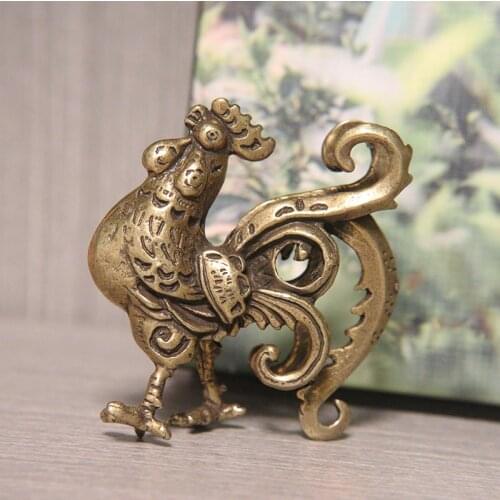 Ancient Bronze Solid Chicken Tea Pet Miniature Figurines Antique Pocket Rooster Desktop Ornament Home Decoration Craft Accessory