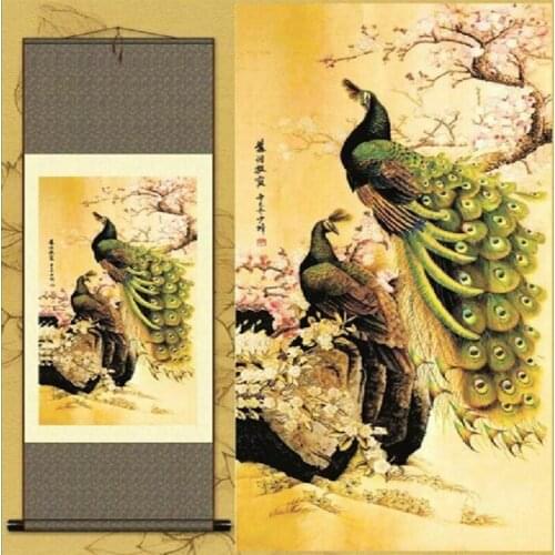 1pc Home Decoration Traditional Chinese Silk Scroll Painting Peacock Gongbi Painting S149