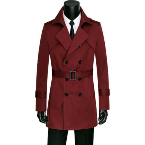 Wine red trench coats mens england man double breasted coat men clothes spring autumn slim fit overcoat long sleeve new designer