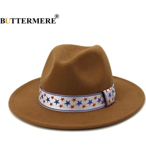 BUTTERMERE Women Fedora Wide Brim Hat British Style Wool Star Print Vintage Hats for Women Men Sombrero Khaki Felt Jazz Cap
