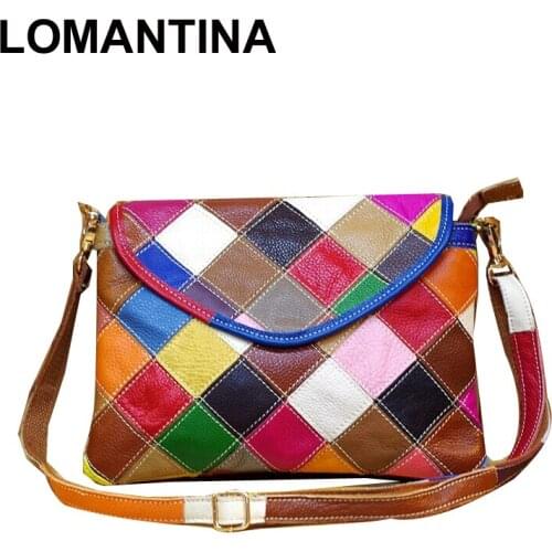 Genuine Leather Womens Shoulder Bag Fashion Patchwork Plaid Women Cross Body Bags Colorful Tote Girl Messenger Bag