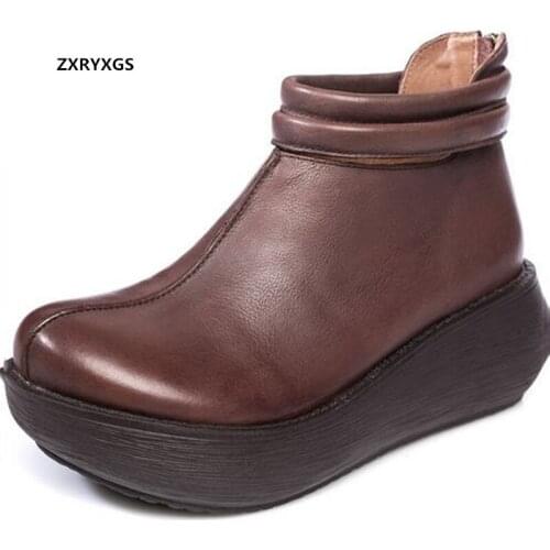 New 100% Natural Full Genuine Leather Shoes Woman Ankle Boots 2019 Autumn Platform Shoes Boots Wedges High Heels Women Boots