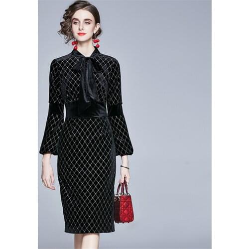 Autumn Winter Dress Velvet High Quality Glitter Black Bodycon Dress Lantern Sleeve Bow Neck Designer Runway Dresses 2020 Vestido