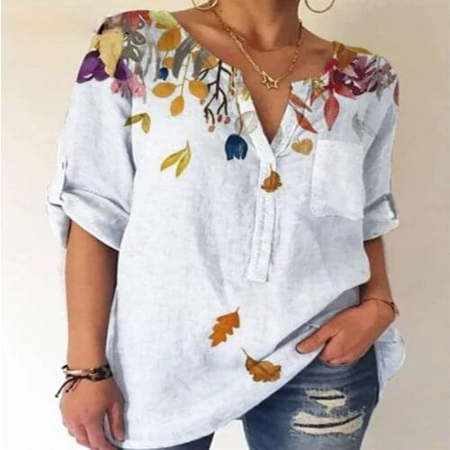 Spring and Summer Womens Sexy V-neck Button Floral Print Chiffon Shirt Pullable Sleeve Top Casual Loose Middle-sleeved T-shirt