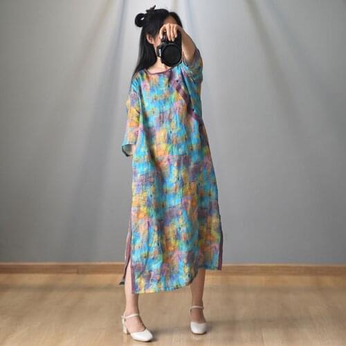 Women Loose Vintage Linen Printed Dress Ladies Retro Print Plus Size Dresses Female 2020 Summer Flax Dress