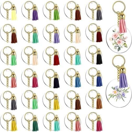 128Pcs Acrylic Keychain Blanks Clear Circle Discs Key Chain 2 Inch Tassel Pendant Keyring for DIY Projects and Crafts