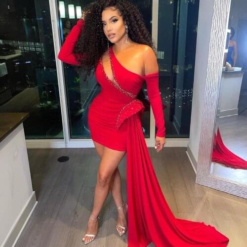 2021 Red Short Prom Dresses Long Sleeves Elegant Formal Evening Gowns Sexy Party Wear vestido de novia